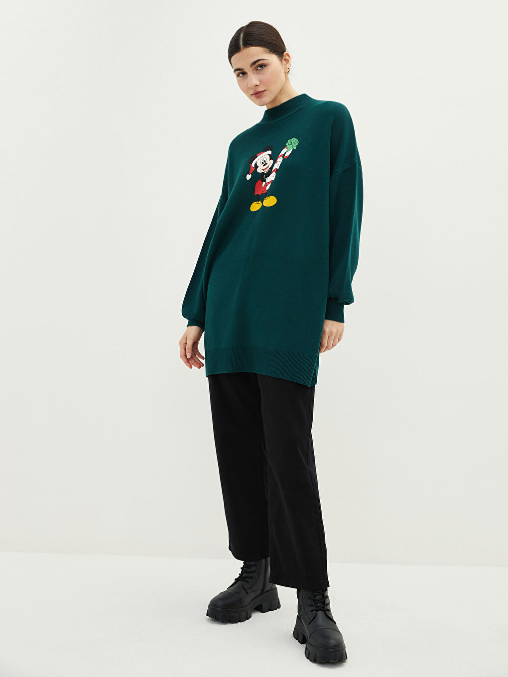 LCW Modest Dik Yaka Mickey Mouse Baskılı Uzun Kollu Kadın Triko Tunik -W1HQ50Z8-RZX