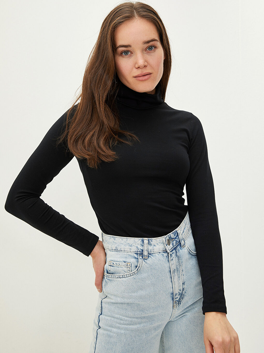 Ekru Kadın Dik Yaka Uzun Kollu Düz Tişört 2'li Paket-1