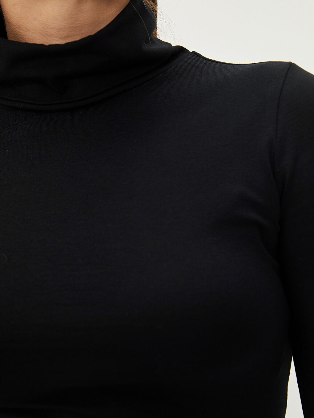 Ekru Kadın Dik Yaka Uzun Kollu Düz Tişört 2'li Paket-2