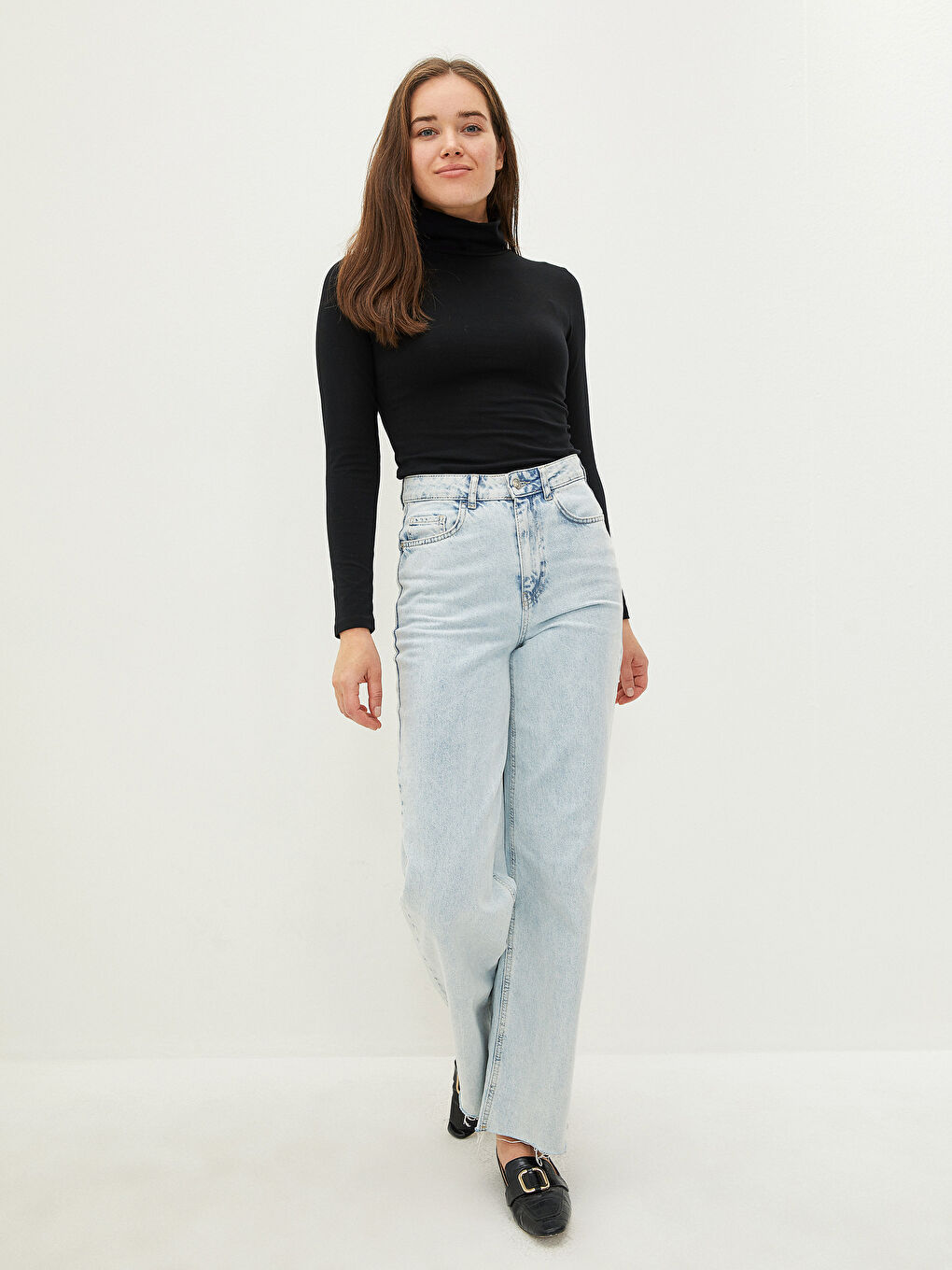 Ekru Kadın Dik Yaka Uzun Kollu Düz Tişört 2'li Paket-3