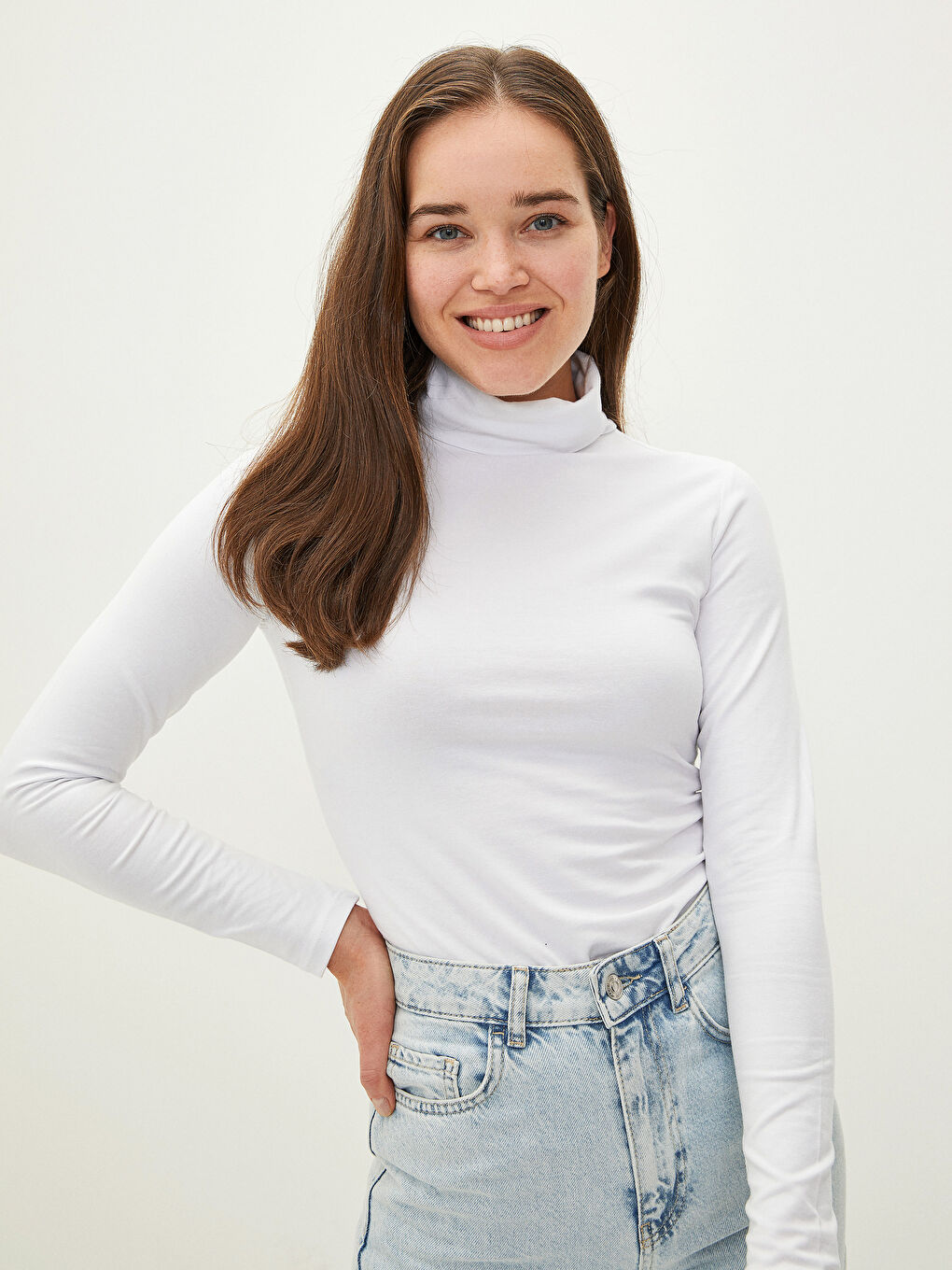 Ekru Kadın Dik Yaka Uzun Kollu Düz Tişört 2'li Paket-6