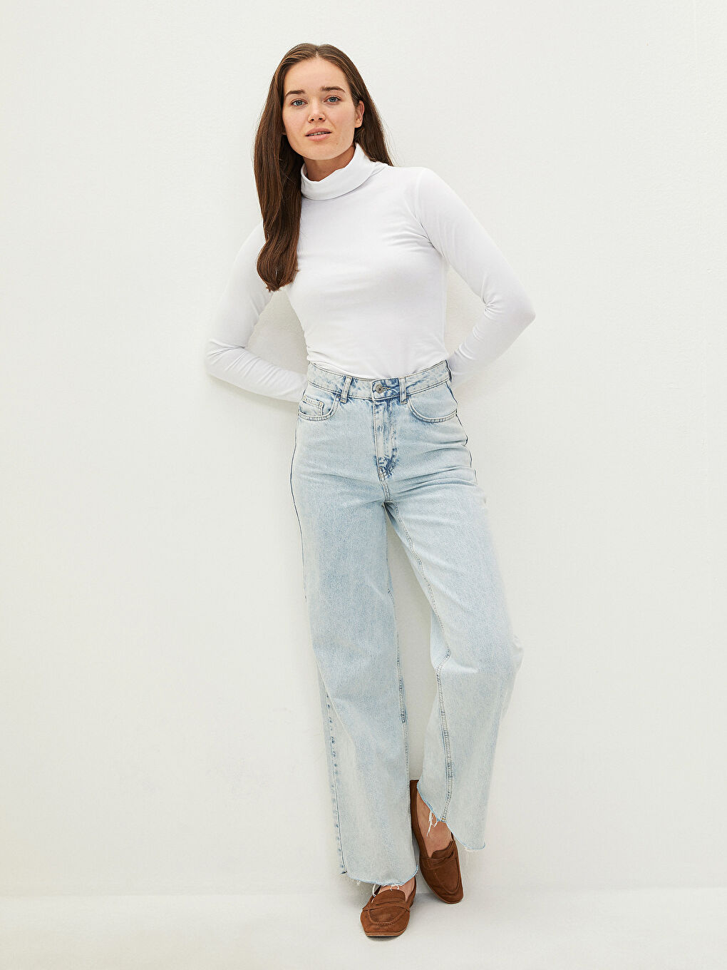 Ekru Kadın Dik Yaka Uzun Kollu Düz Tişört 2'li Paket-8