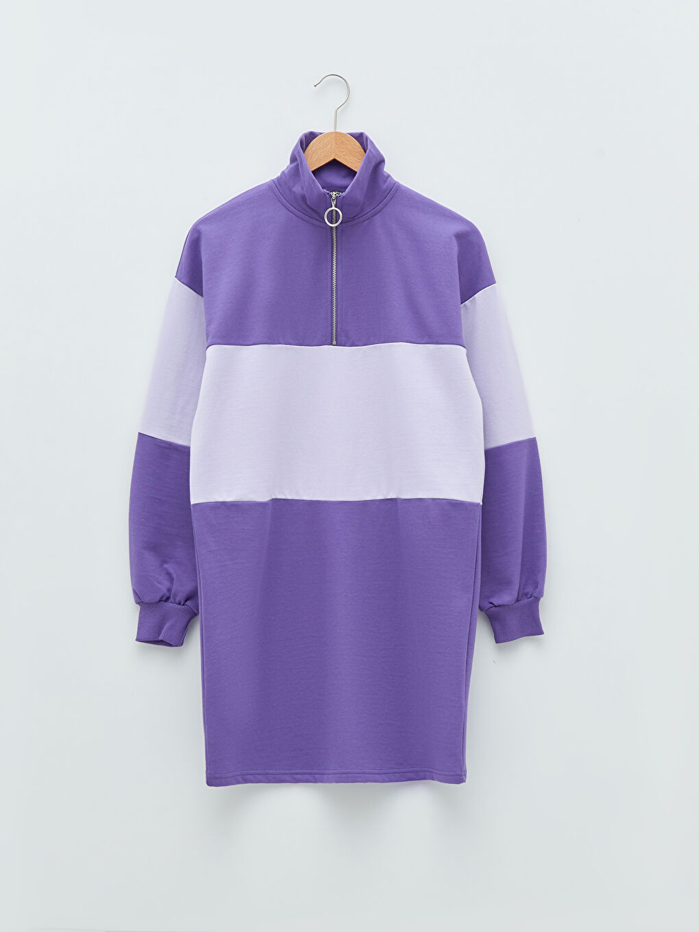 Mor Dik Yaka Renk Bloklu Uzun Kollu Kadın Elbise-5