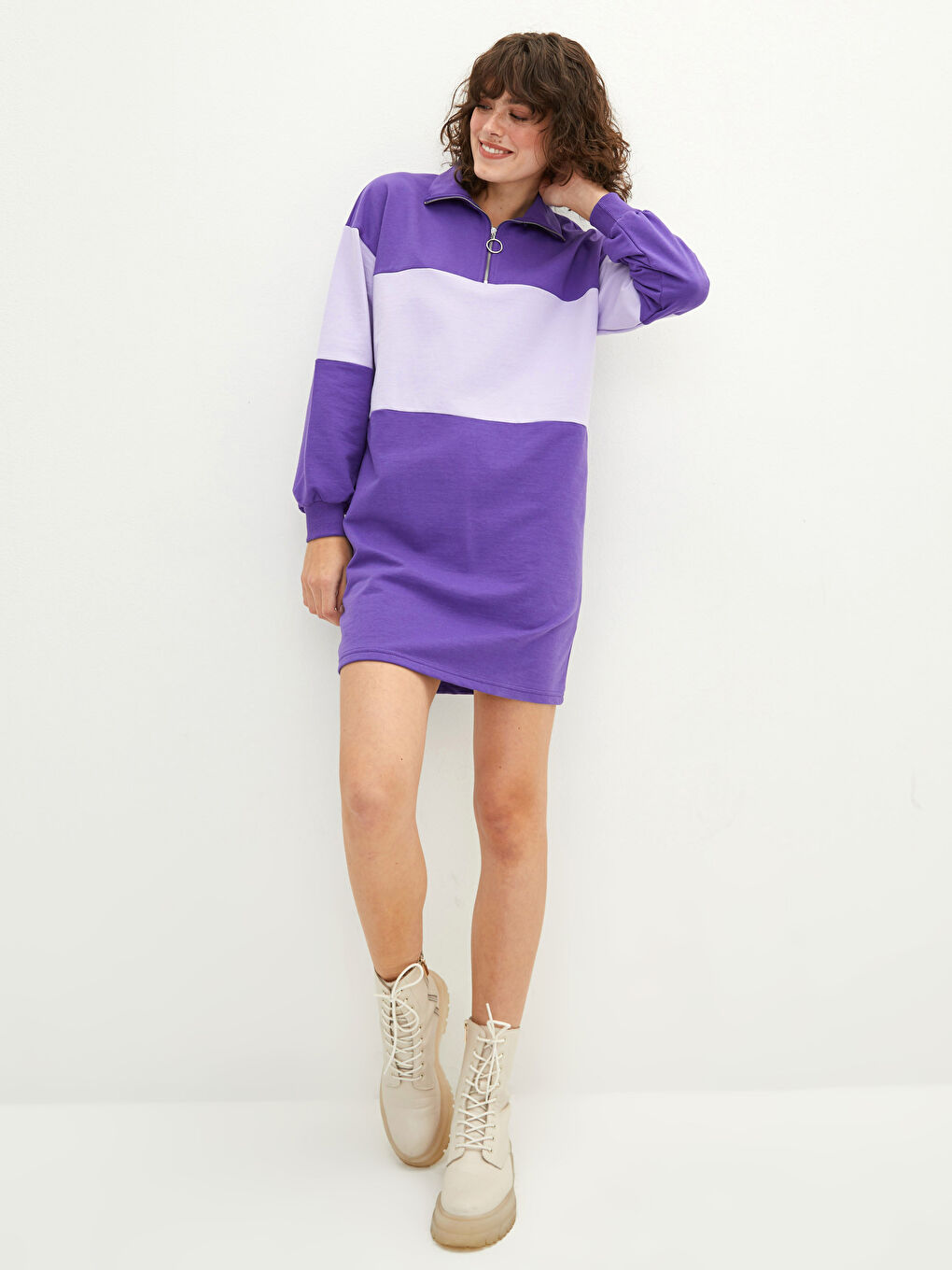 Mor Dik Yaka Renk Bloklu Uzun Kollu Kadın Elbise