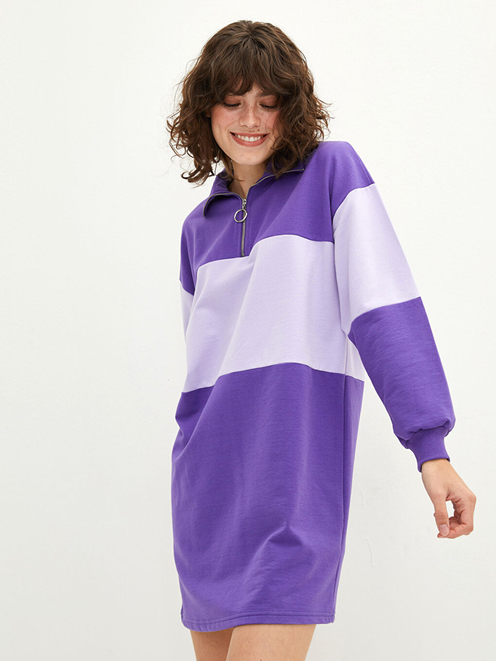 Mor Dik Yaka Renk Bloklu Uzun Kollu Kadın Elbise-1
