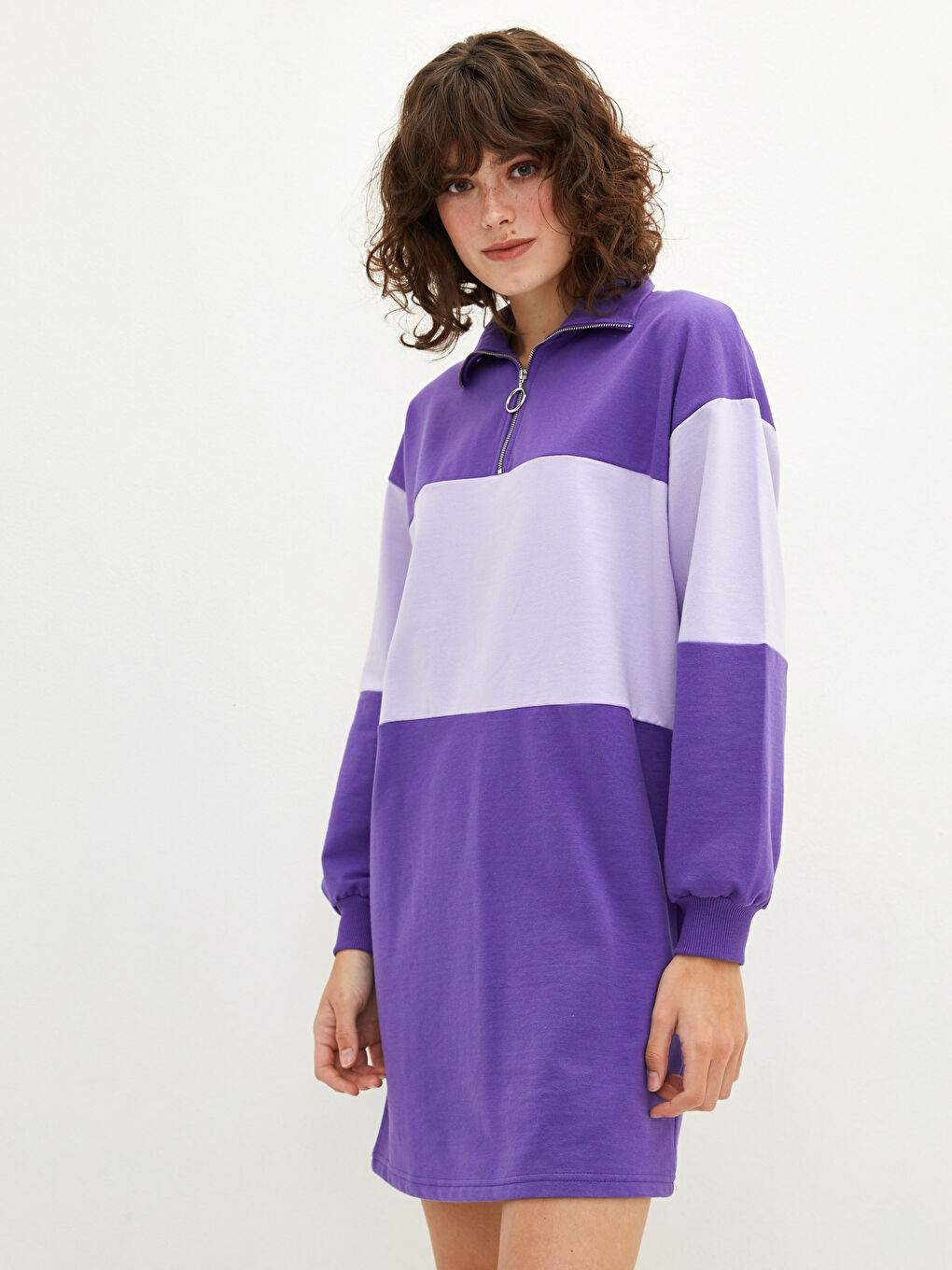 Mor Dik Yaka Renk Bloklu Uzun Kollu Kadın Elbise-2