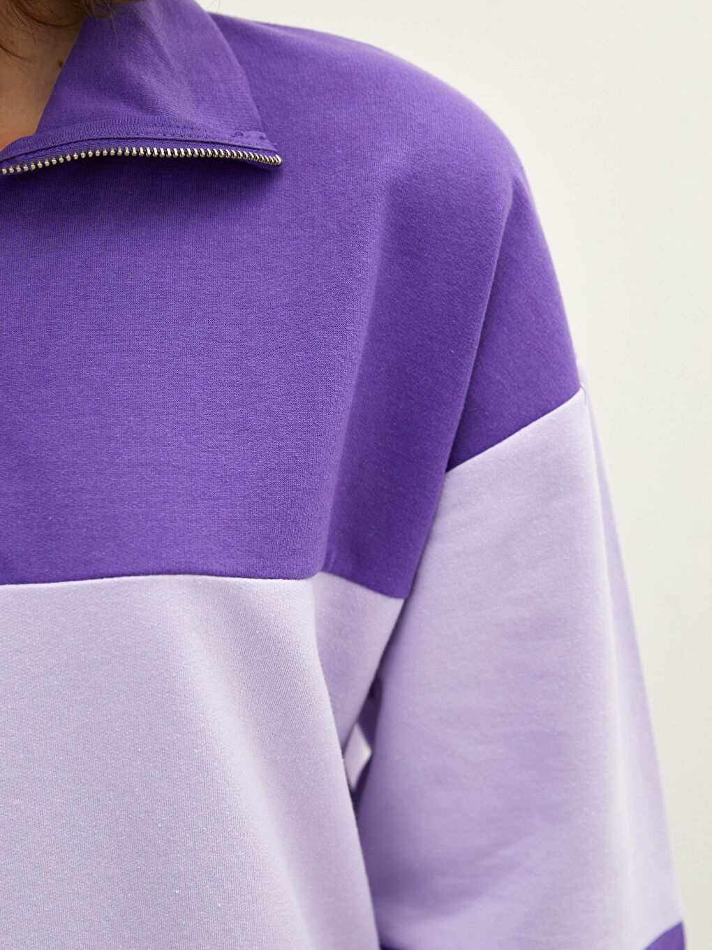 Mor Dik Yaka Renk Bloklu Uzun Kollu Kadın Elbise-3