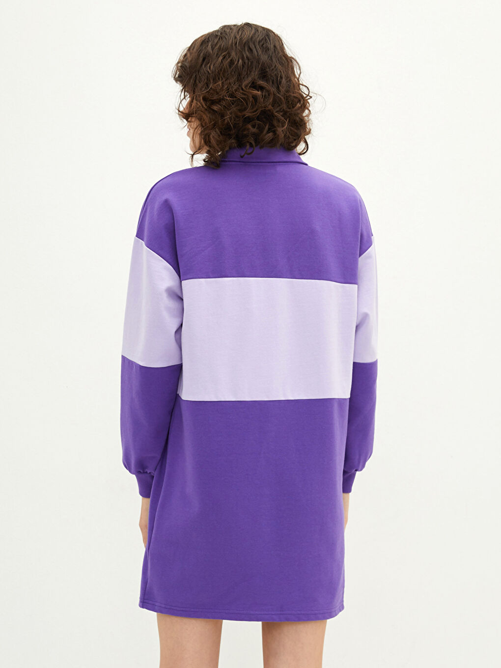Mor Dik Yaka Renk Bloklu Uzun Kollu Kadın Elbise-4