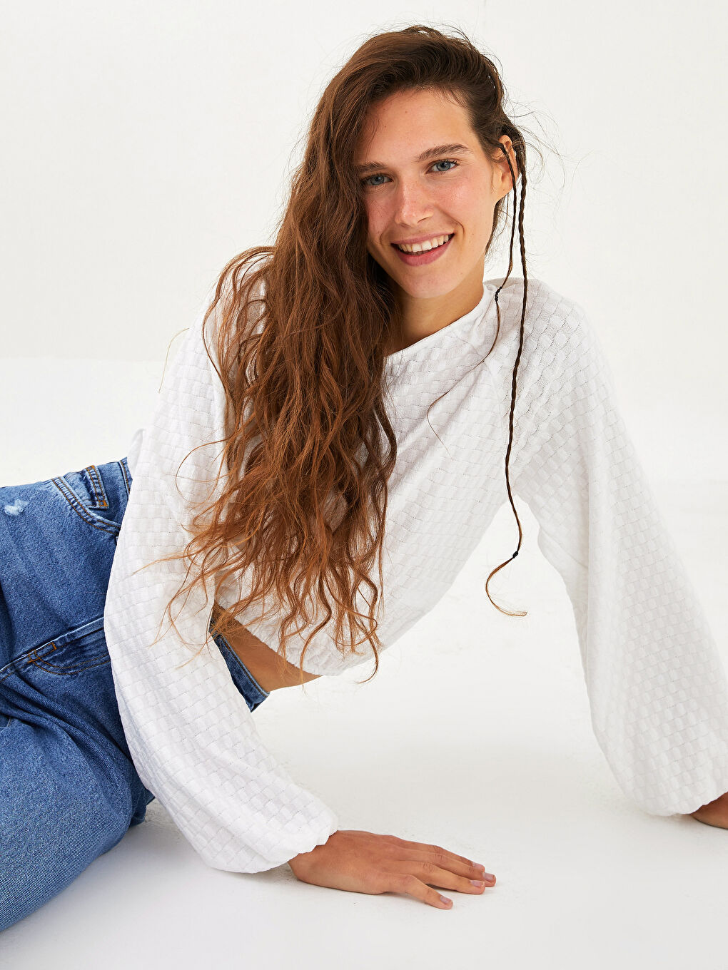 Crew Neck Self-Patterned Long Sleeve Women's Blouse-1