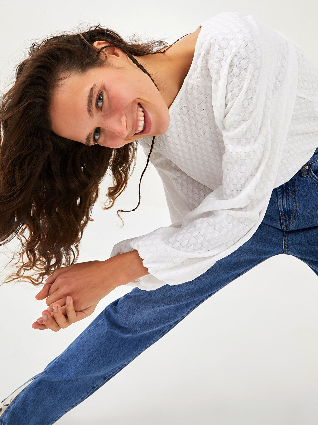 Crew Neck Self-Patterned Long Sleeve Women's Blouse-2