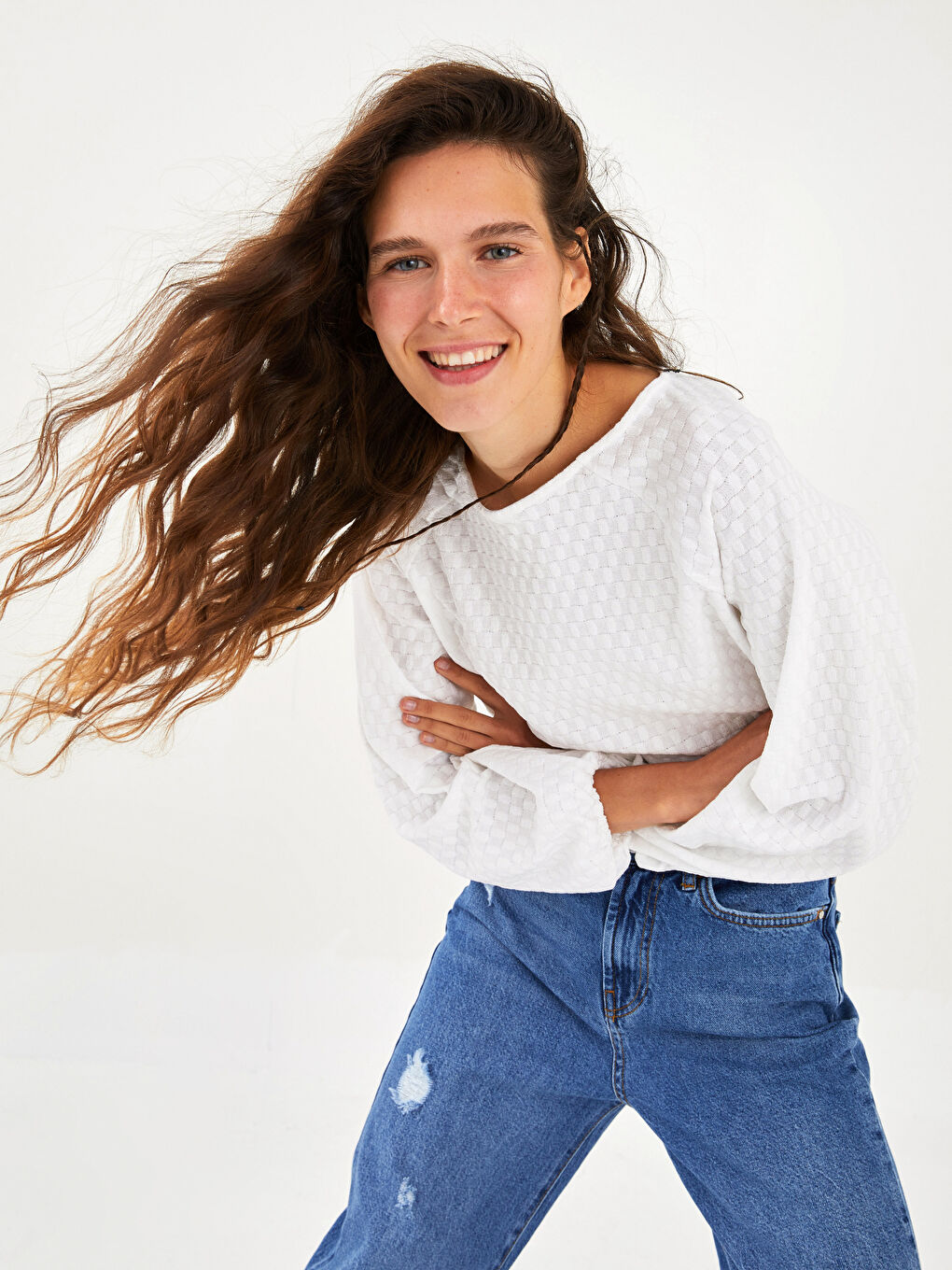 Crew Neck Self-Patterned Long Sleeve Women's Blouse-3