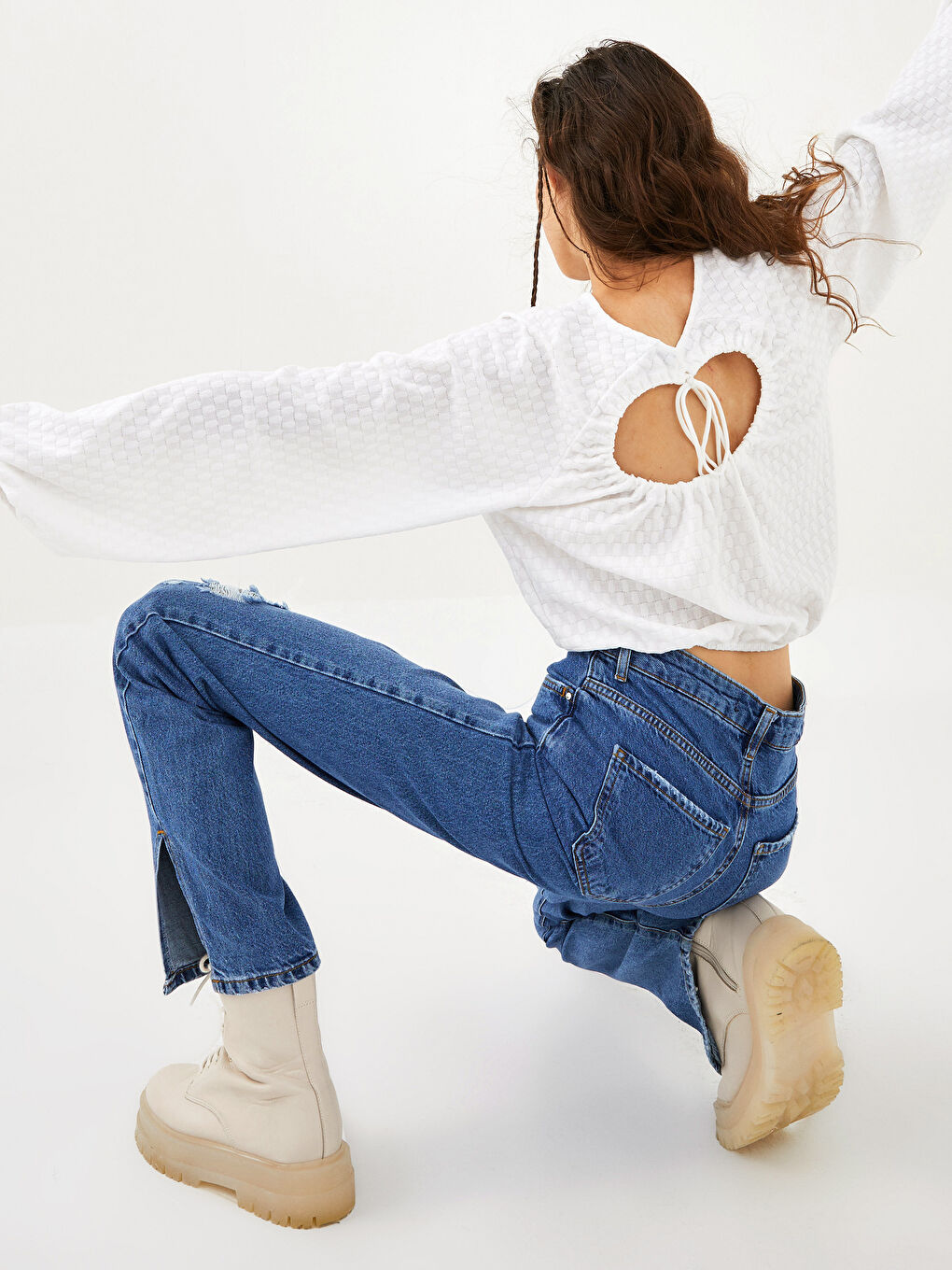 Crew Neck Self-Patterned Long Sleeve Women's Blouse-4