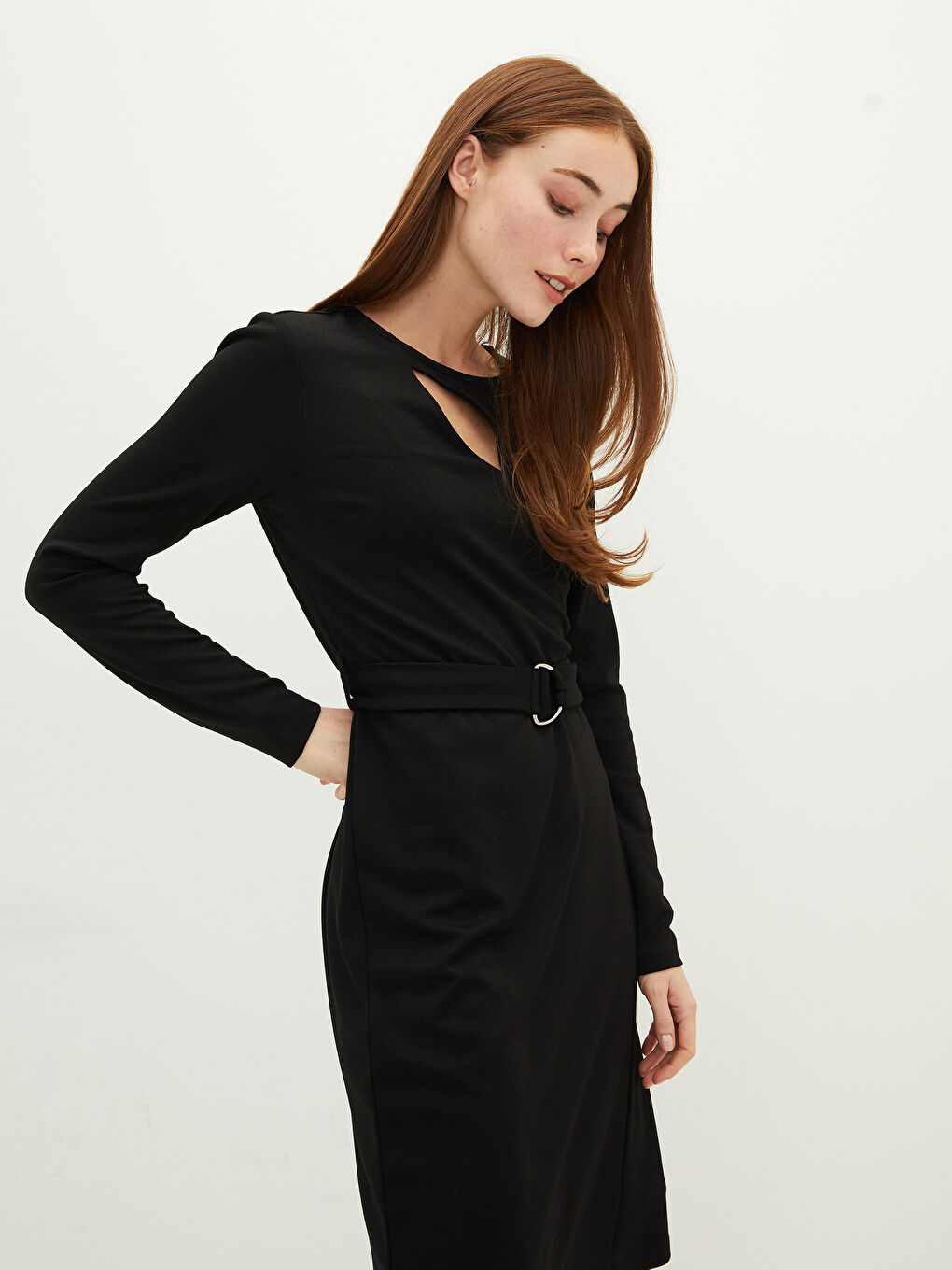 Siyah Bisiklet Yaka Düz Uzun Kollu Ponte Kumaş Kadın Elbise