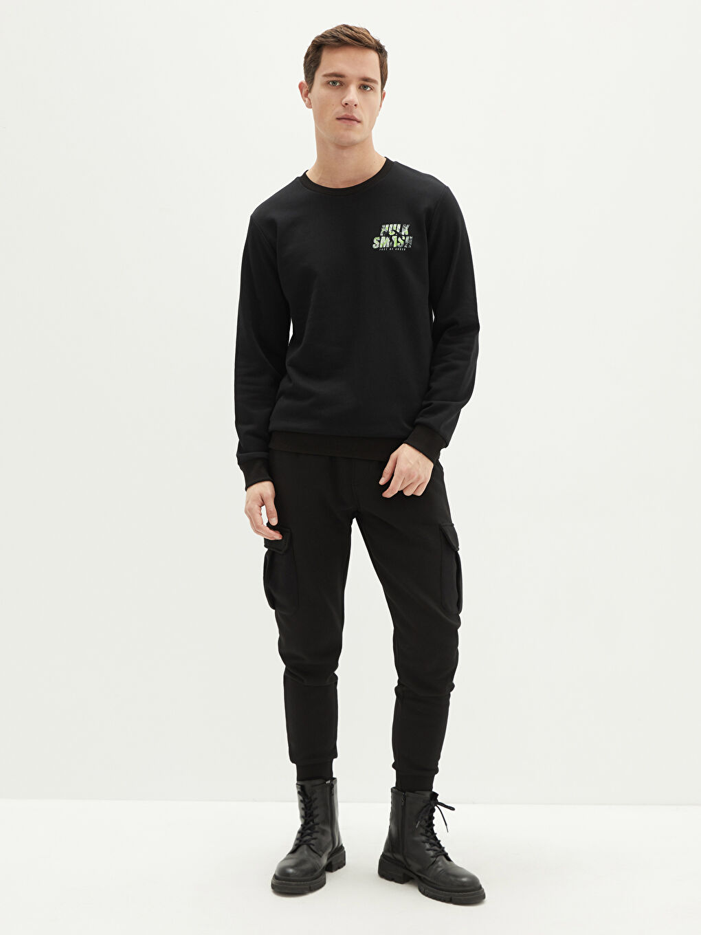 Siyah Bisiklet Yaka Hulk Baskılı Uzun Kollu Erkek Kalın Sweatshirt-2