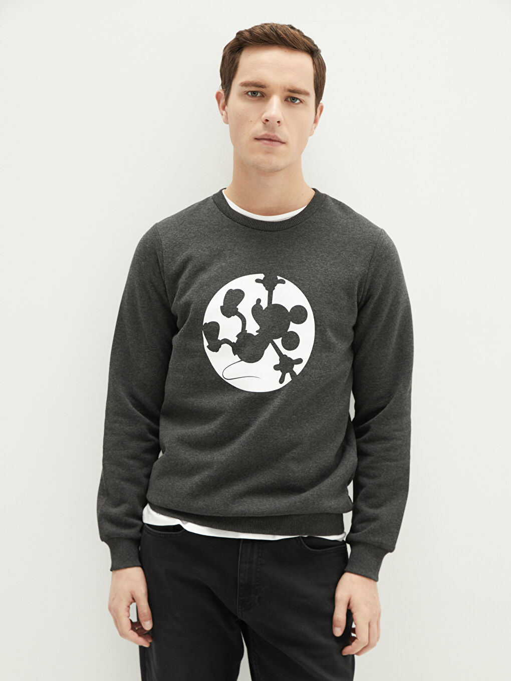 Antrasit Bisiklet Yaka Uzun Kollu Mickey Mouse Baskılı Erkek Kalın Sweatshirt