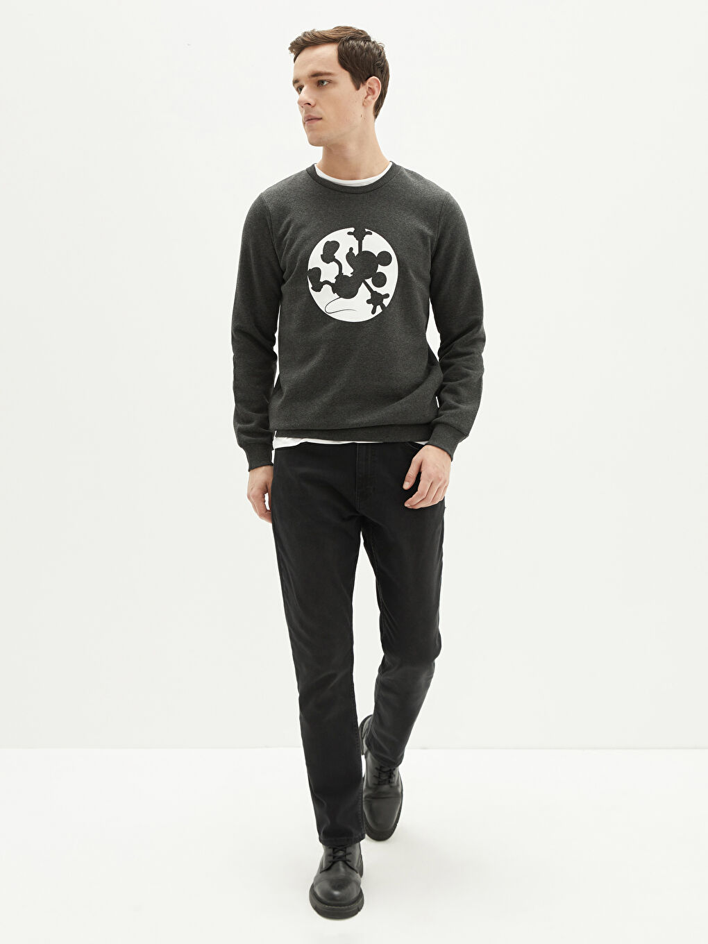 Antrasit Bisiklet Yaka Uzun Kollu Mickey Mouse Baskılı Erkek Kalın Sweatshirt-2