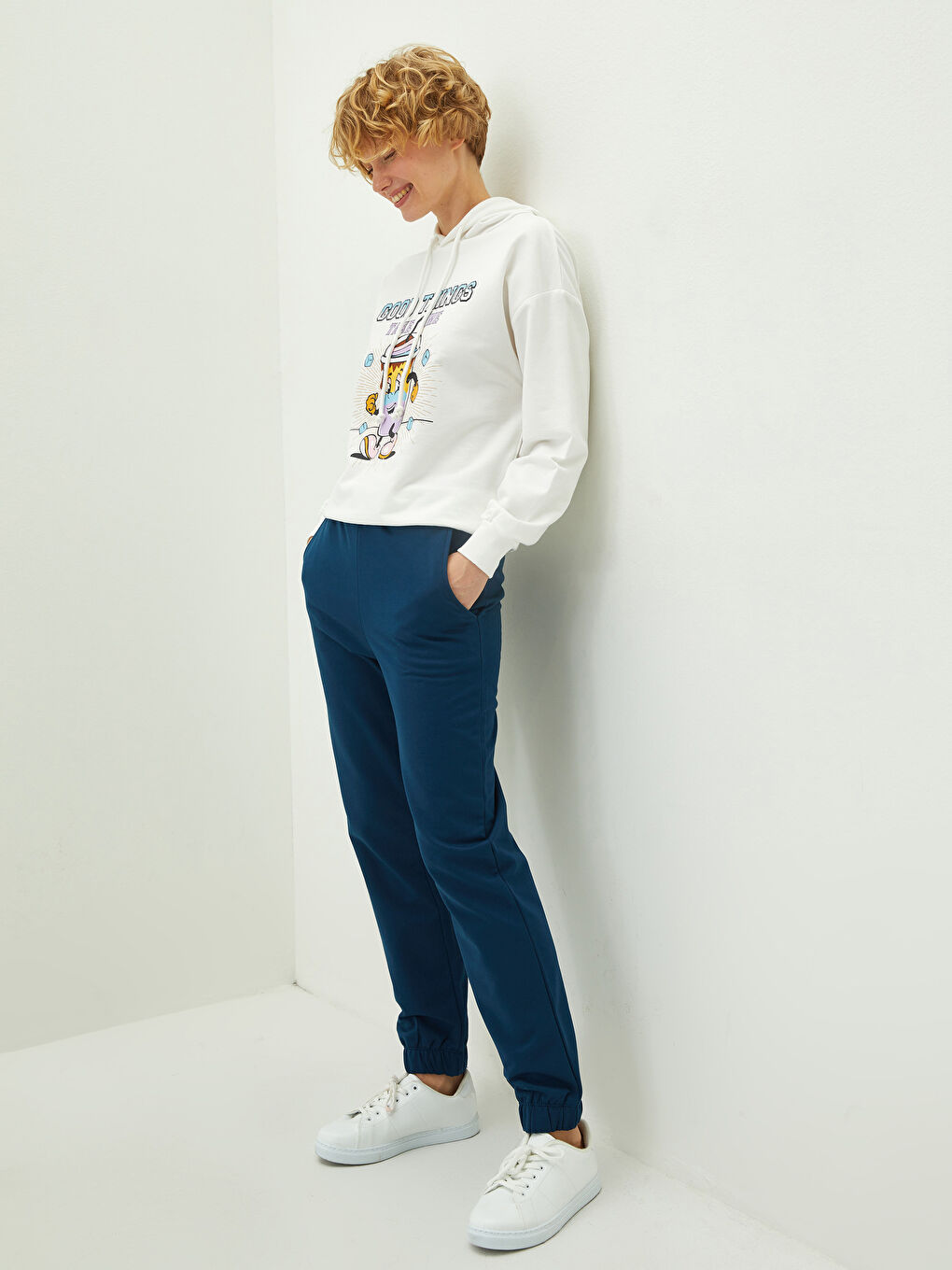 İndigo Beli Lastikli Cep Detaylı Kadın Eşofman Altı-1