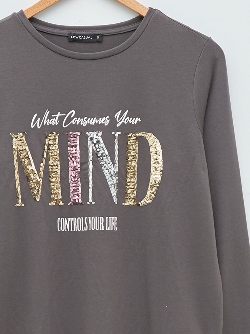 Crew Neck Slogan Printed Long Sleeve Women's T-shirt-7