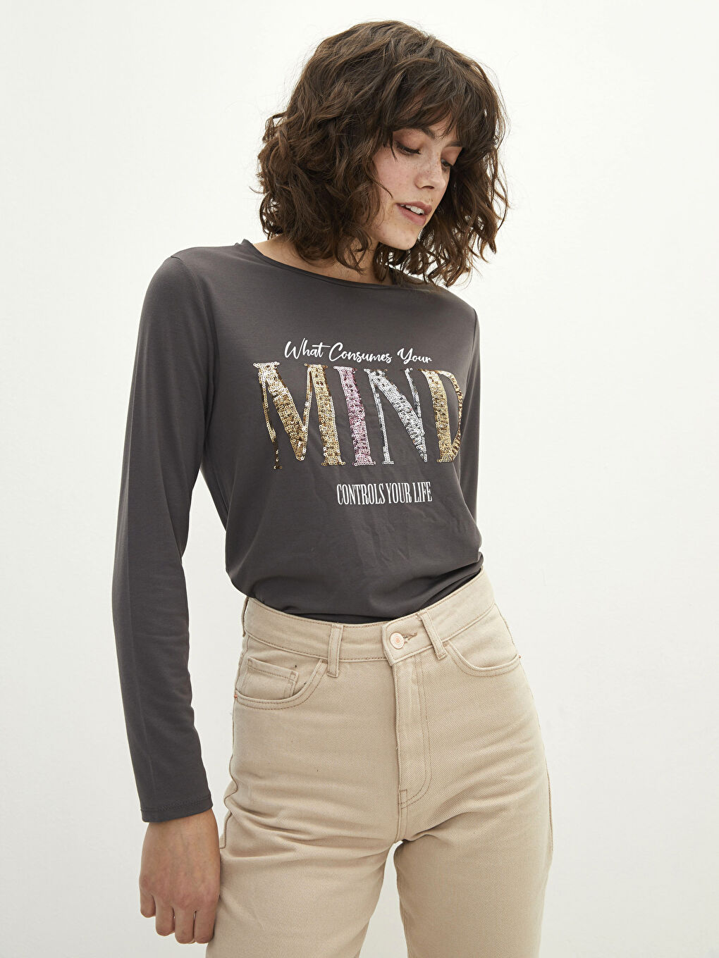 Crew Neck Slogan Printed Long Sleeve Women's T-shirt-1
