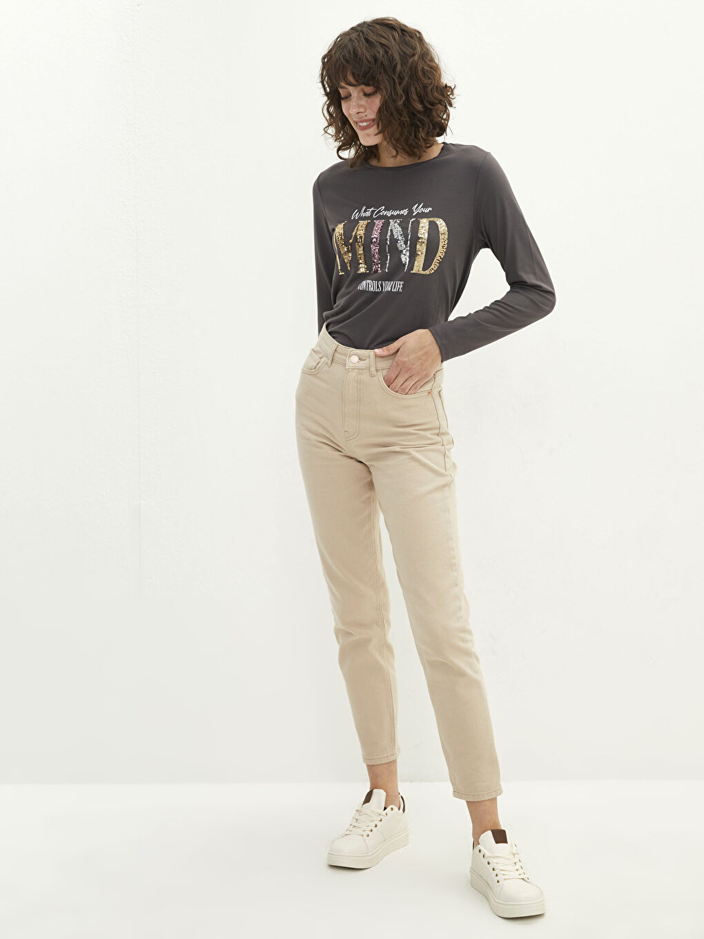 Crew Neck Slogan Printed Long Sleeve Women's T-shirt-2