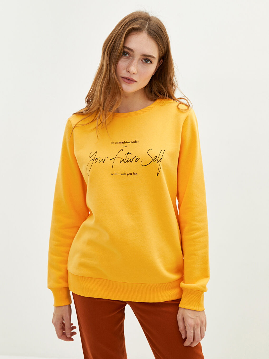 Turuncu Bisiklet Yaka Slogan Baskılı Kadın Kalın Sweatshirt