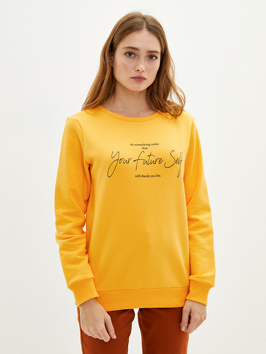 Turuncu Bisiklet Yaka Slogan Baskılı Kadın Kalın Sweatshirt-2