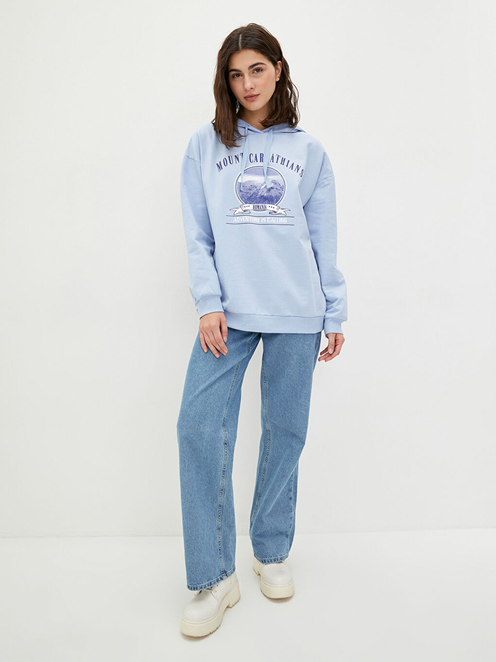 Mavi Kapüşonlu Baskılı Uzun Kollu Kadın Sweatshirt-1