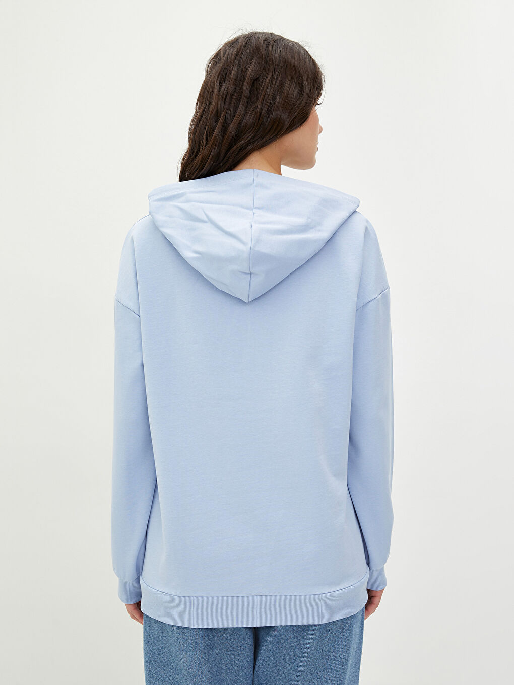 Mavi Kapüşonlu Baskılı Uzun Kollu Kadın Sweatshirt-3