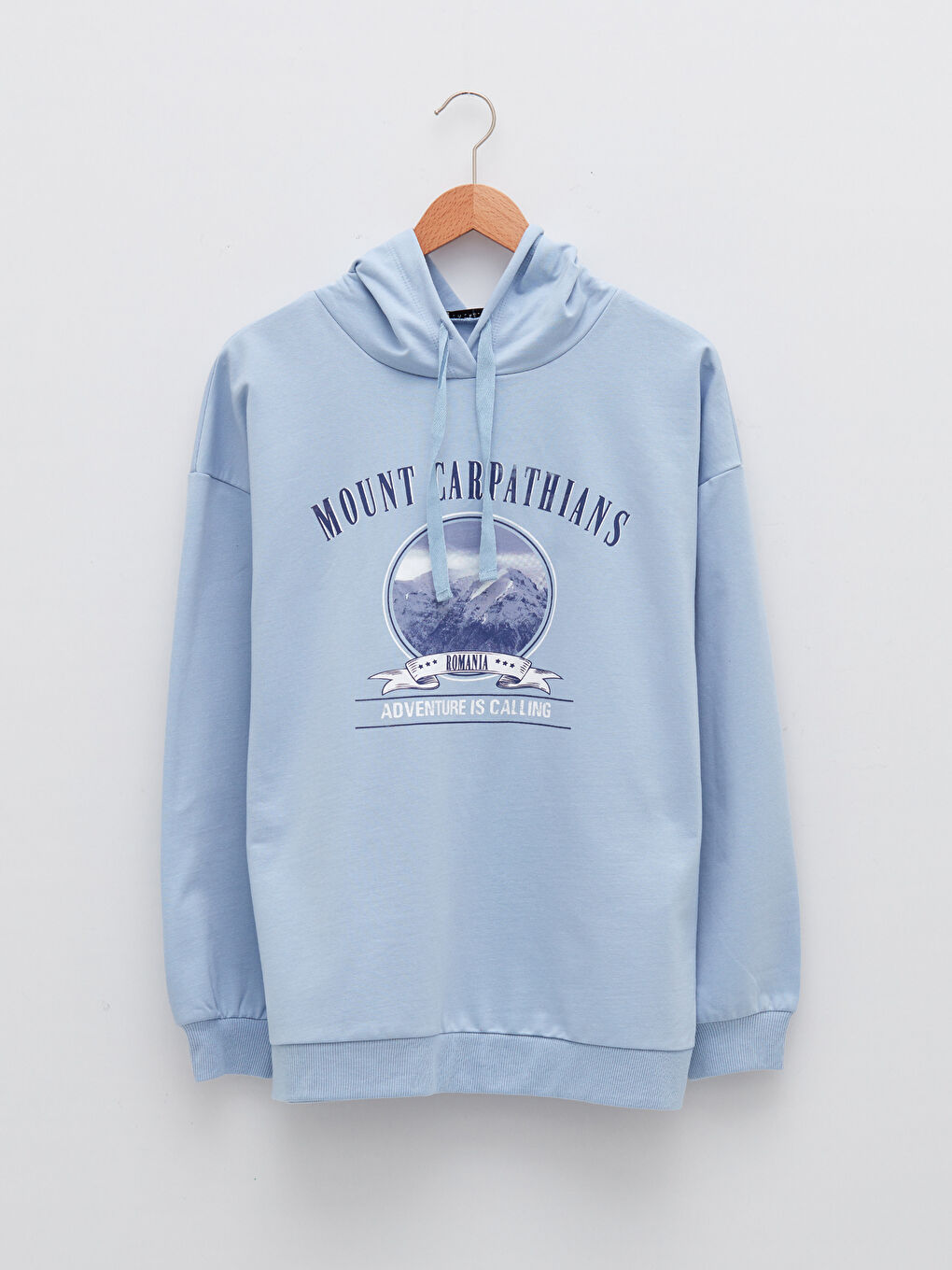 Mavi Kapüşonlu Baskılı Uzun Kollu Kadın Sweatshirt-4