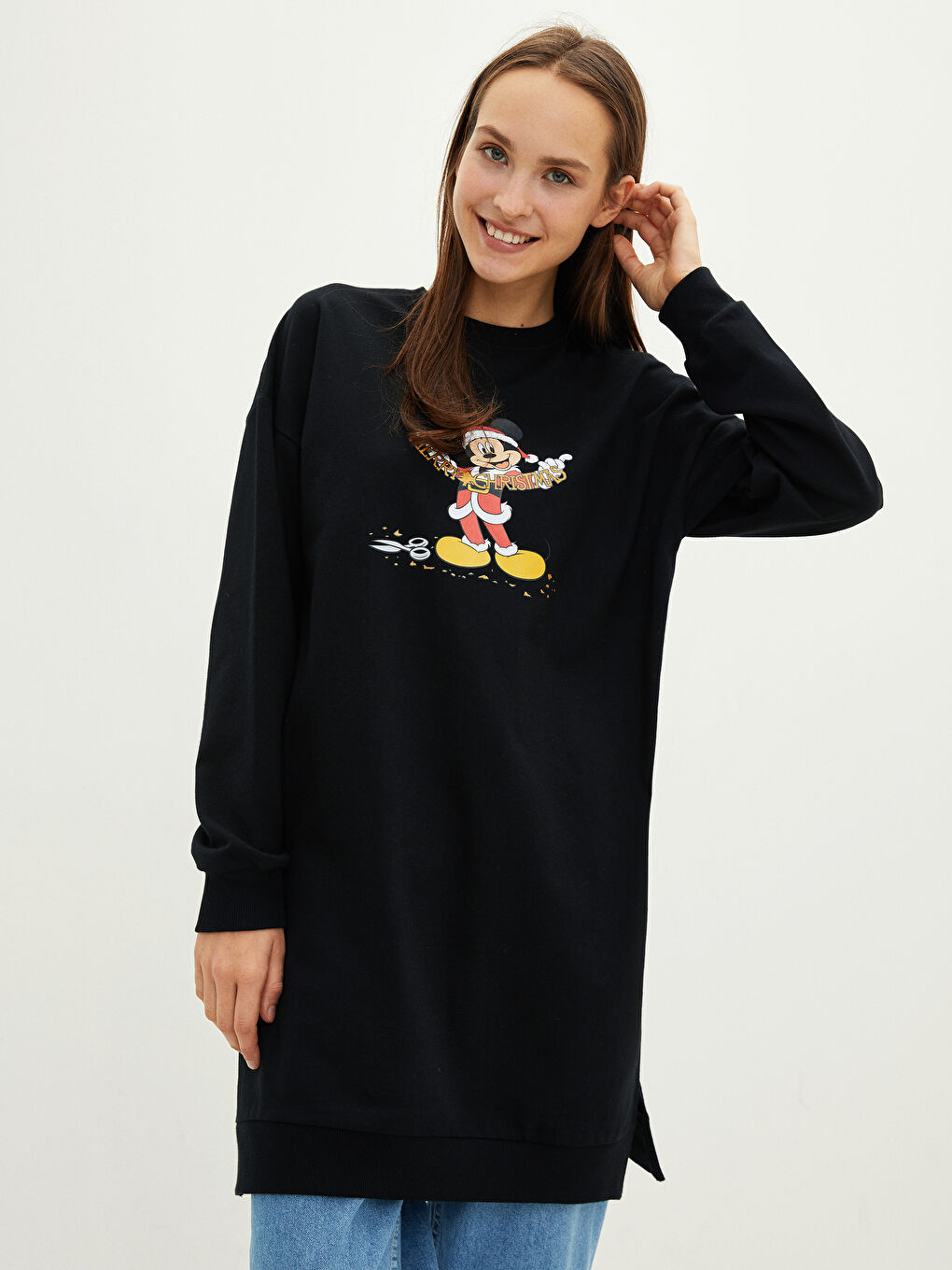 LCW Modest Crew Neck Mickey Mouse Printed Women's Sweatshirt Tunic -W1HS05Z8-RQN