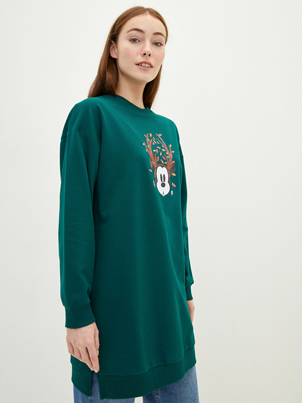 Crew Neck Mickey Mouse Printed Women's Sweatshirt Tunic