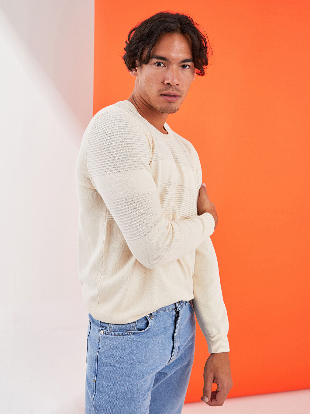 Crew Neck Long Sleeve Men's Tricot Sweater