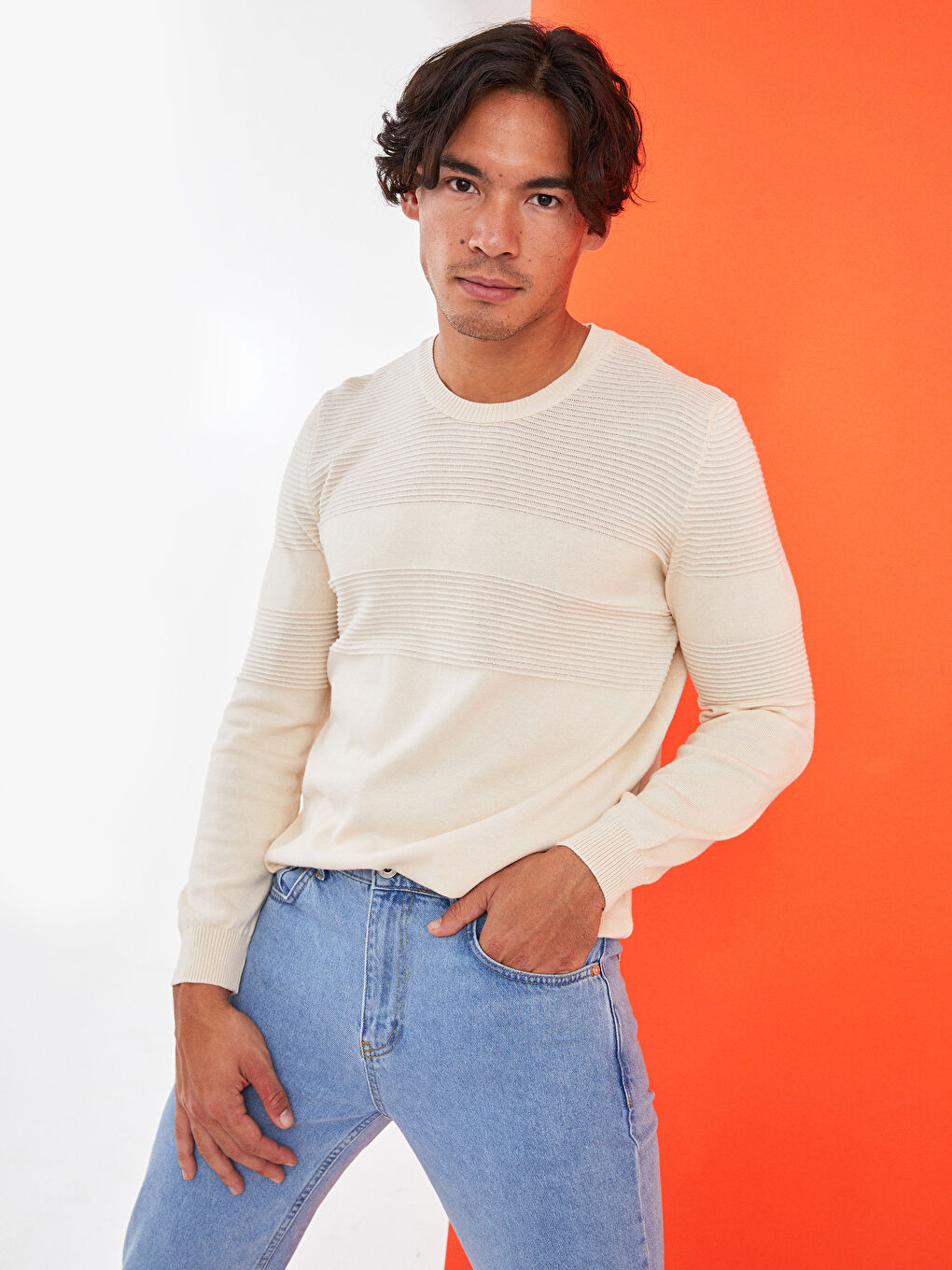 Crew Neck Long Sleeve Men's Tricot Sweater-1