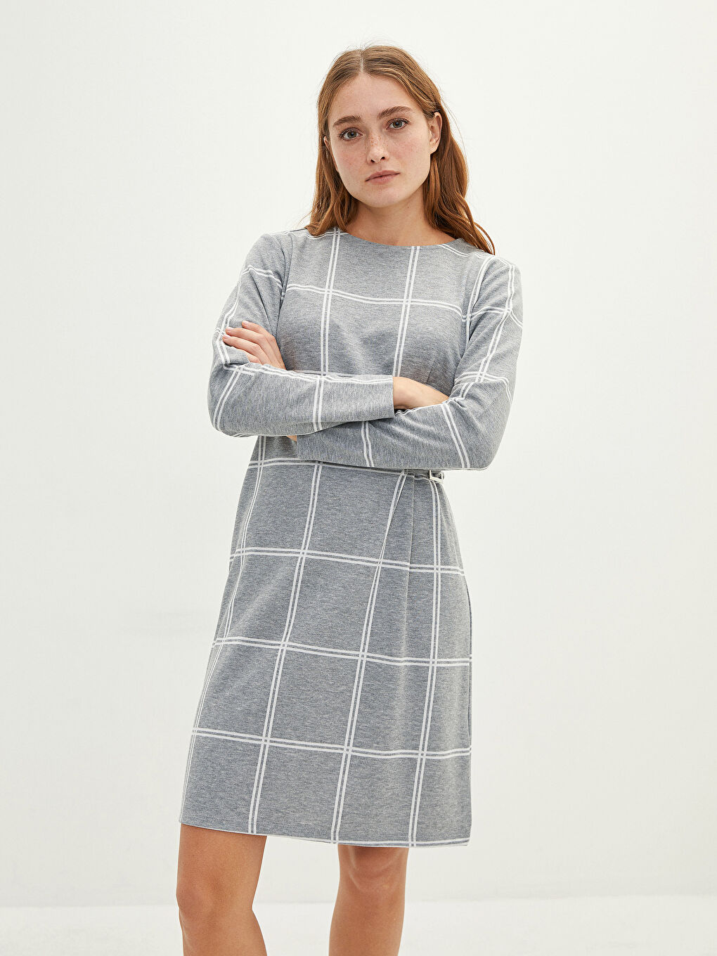 LCWAIKIKI Classic Crew Neck Kareli Long Sleeve Women's Dress -W1HS70Z8-LMK