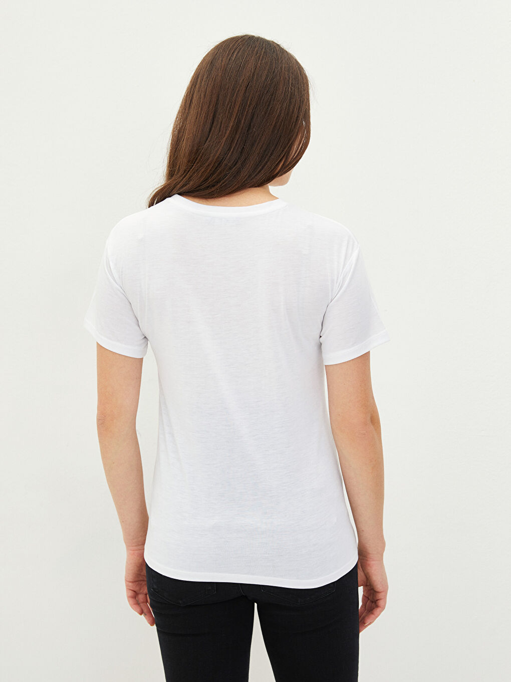 Beyaz Bisiklet Yaka Slogan Baskılı Kısa Kollu Kadın Tişört-2