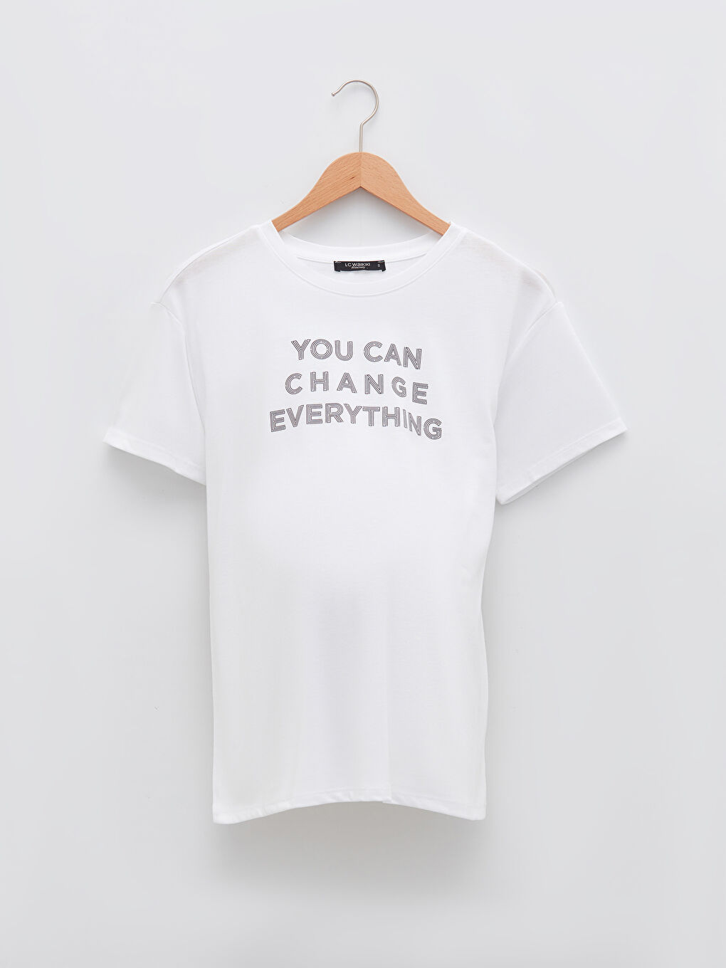 Beyaz Bisiklet Yaka Slogan Baskılı Kısa Kollu Kadın Tişört-3