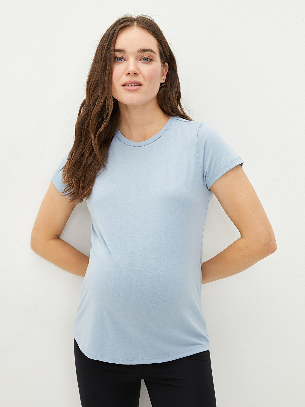 Mavi Bisiklet Yaka Düz Kısa Kollu Hamile Tişört-1