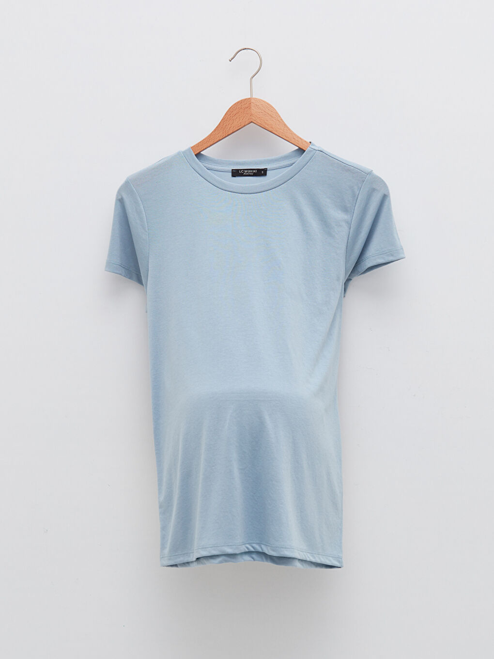 Mavi Bisiklet Yaka Düz Kısa Kollu Hamile Tişört-5