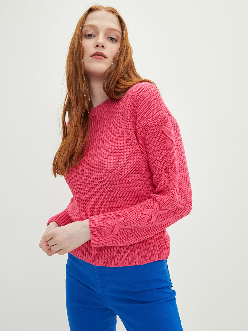 Pembe Bisiklet Yaka Kendinden Desenli Uzun Kollu Kadın Triko Kazak-1