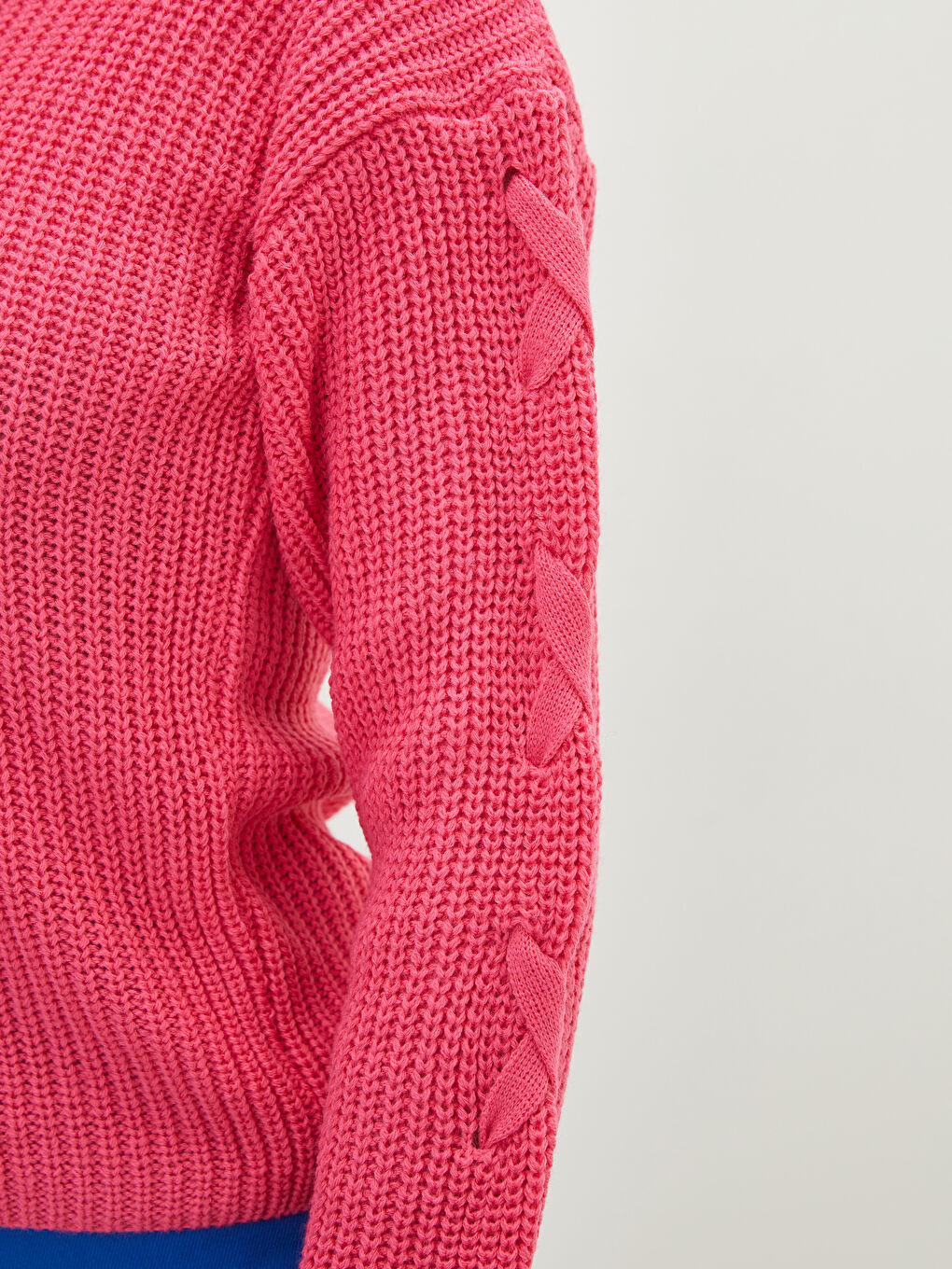 Pembe Bisiklet Yaka Kendinden Desenli Uzun Kollu Kadın Triko Kazak-2