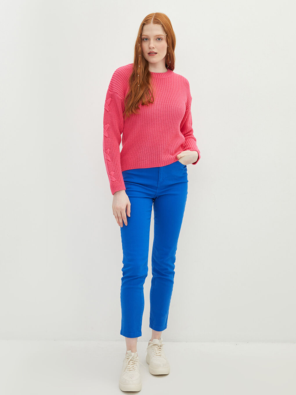 Pembe Bisiklet Yaka Kendinden Desenli Uzun Kollu Kadın Triko Kazak-3