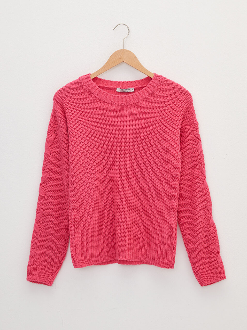 Pembe Bisiklet Yaka Kendinden Desenli Uzun Kollu Kadın Triko Kazak-5