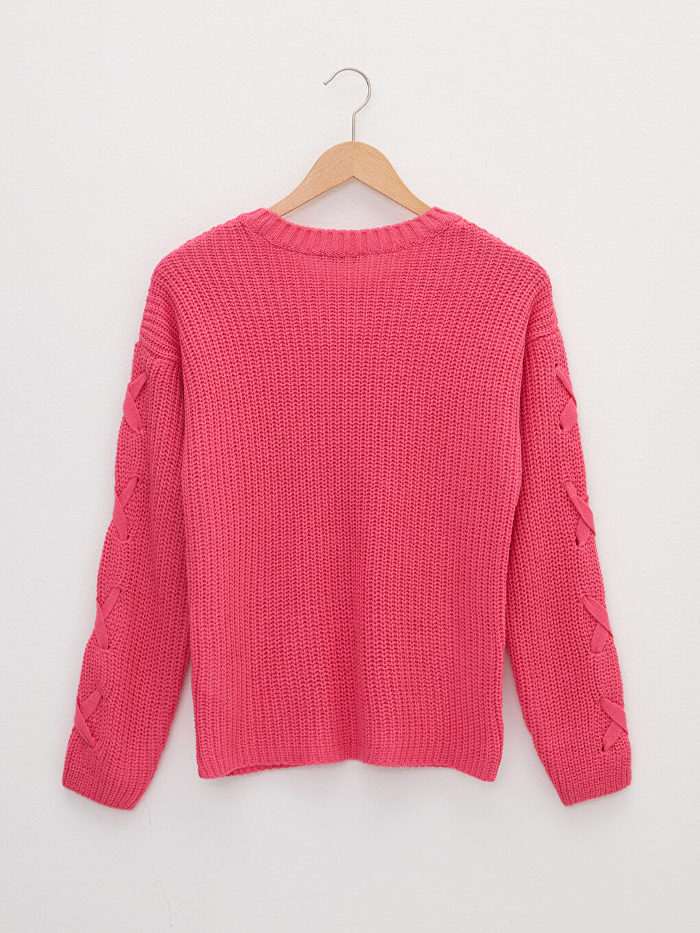 Pembe Bisiklet Yaka Kendinden Desenli Uzun Kollu Kadın Triko Kazak-6