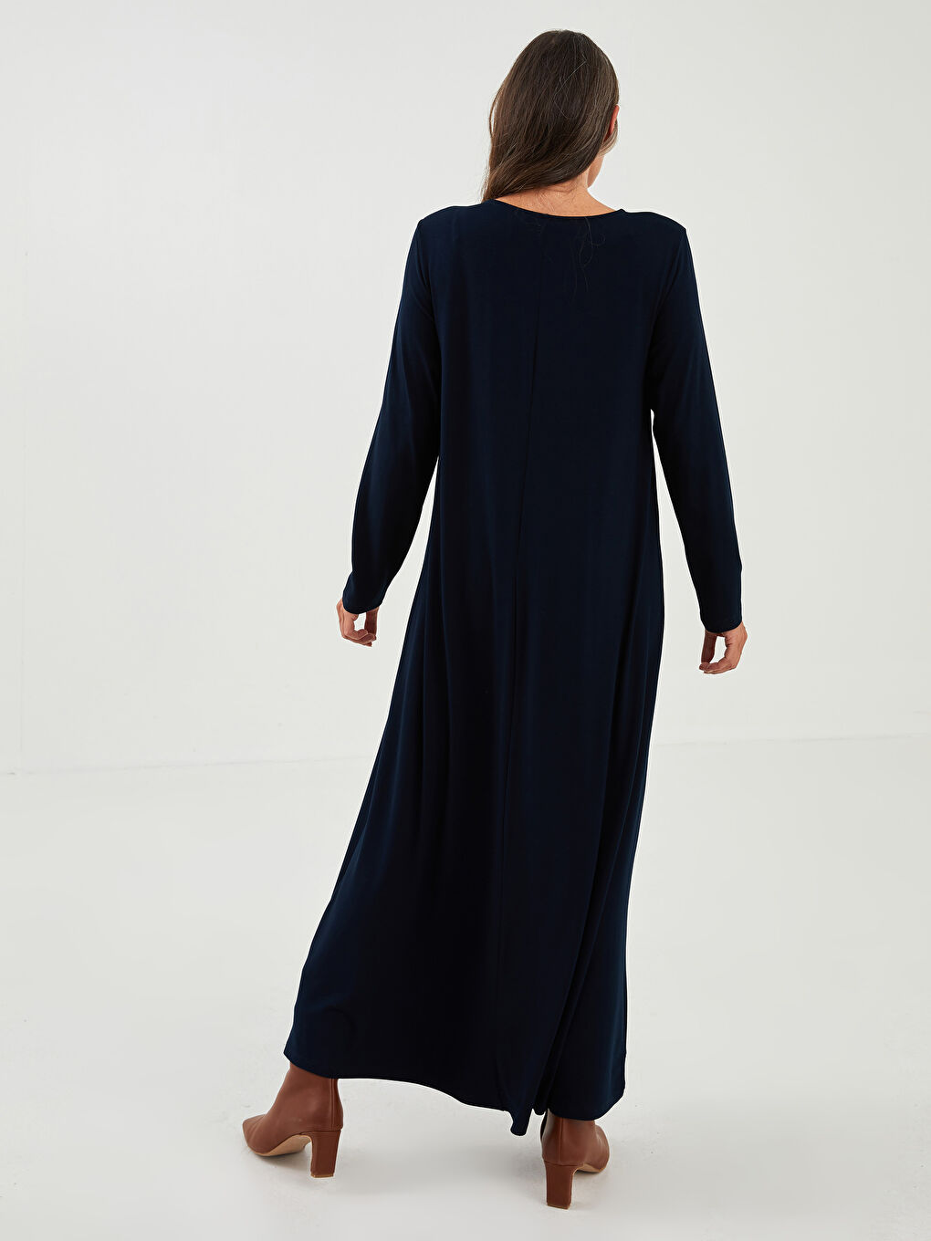 Lacivert Bisiklet Yaka Nakışlı Uzun Kollu A Kesim Viskon Kadın Elbise-3