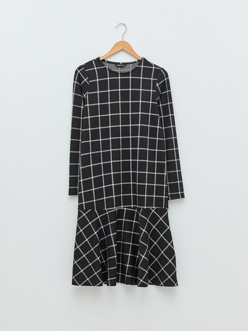 Siyah Bisiklet Yaka Kareli Uzun Kollu A Kesim Kadın Elbise-5