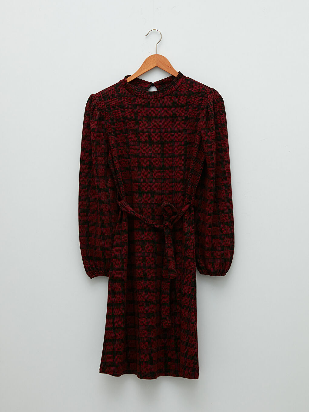 Kırmızı Dik Yaka Ekose Beli Kuşaklı Uzun Kollu Kadın Elbise-5