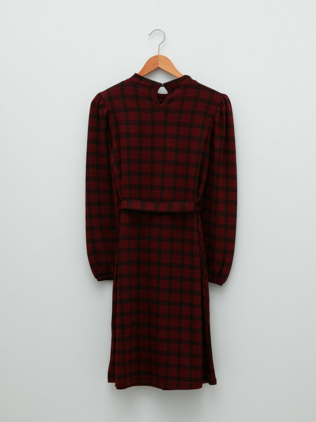 Kırmızı Dik Yaka Ekose Beli Kuşaklı Uzun Kollu Kadın Elbise-6