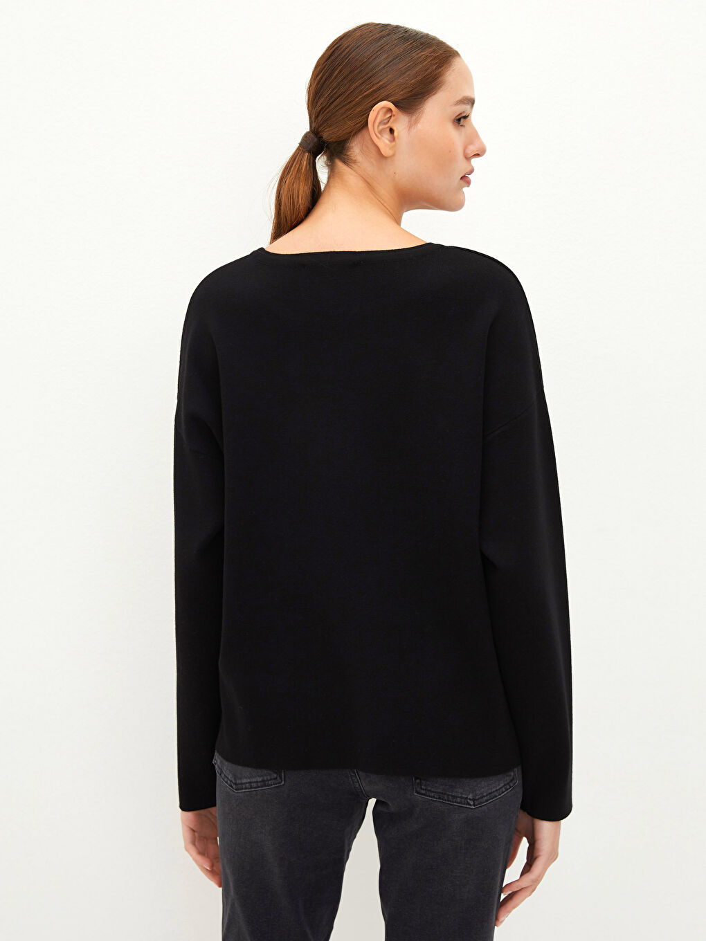 Siyah Bisiklet Yaka Düz Uzun Kollu Kadın Triko Kazak-4