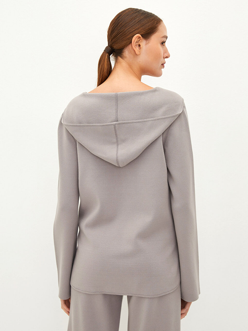 Gri Kapüşonlu Düz Uzun Kollu Kadın Triko Kazak-5