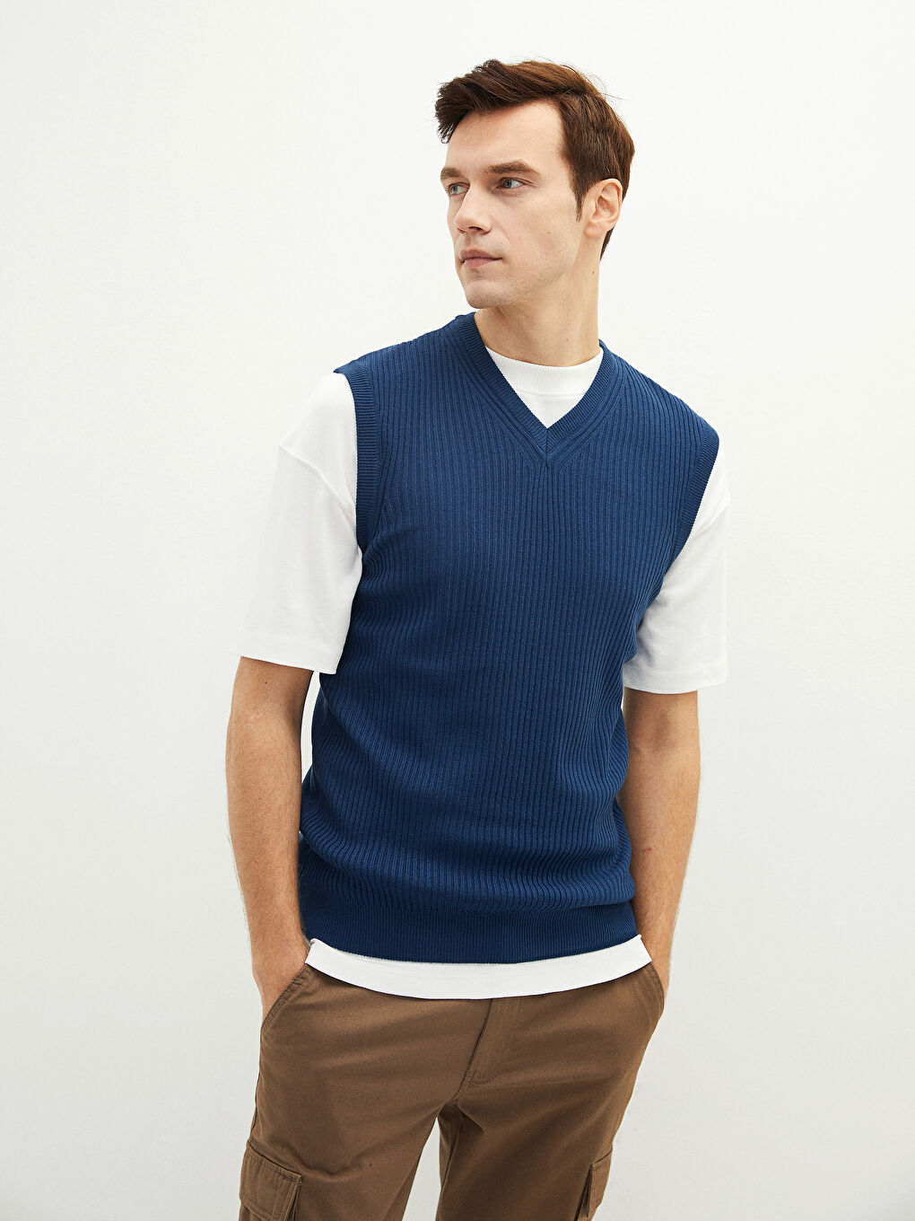 Gilet Pull Droit Sans Manches Encolure en V pour Hommes